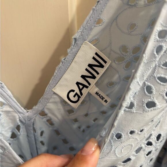 GANNI Broderie Anglaise Eyelet Lace Midi Dress, Light Blue - Picture 3 of 6